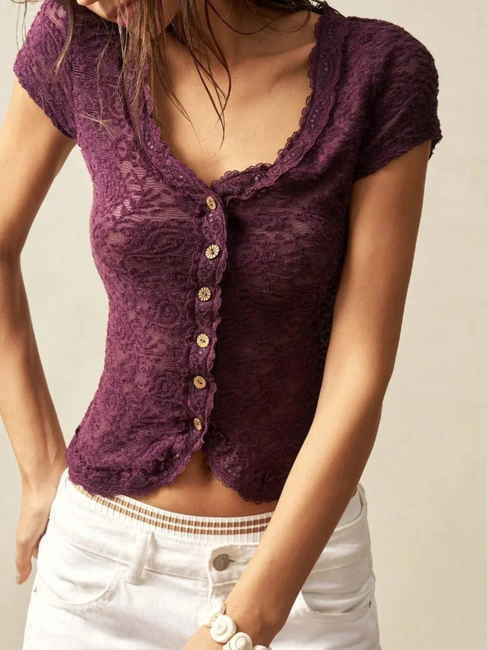 Purple Casual Women's V Neck Fitted Plants Short Sleeve Button Blouse
